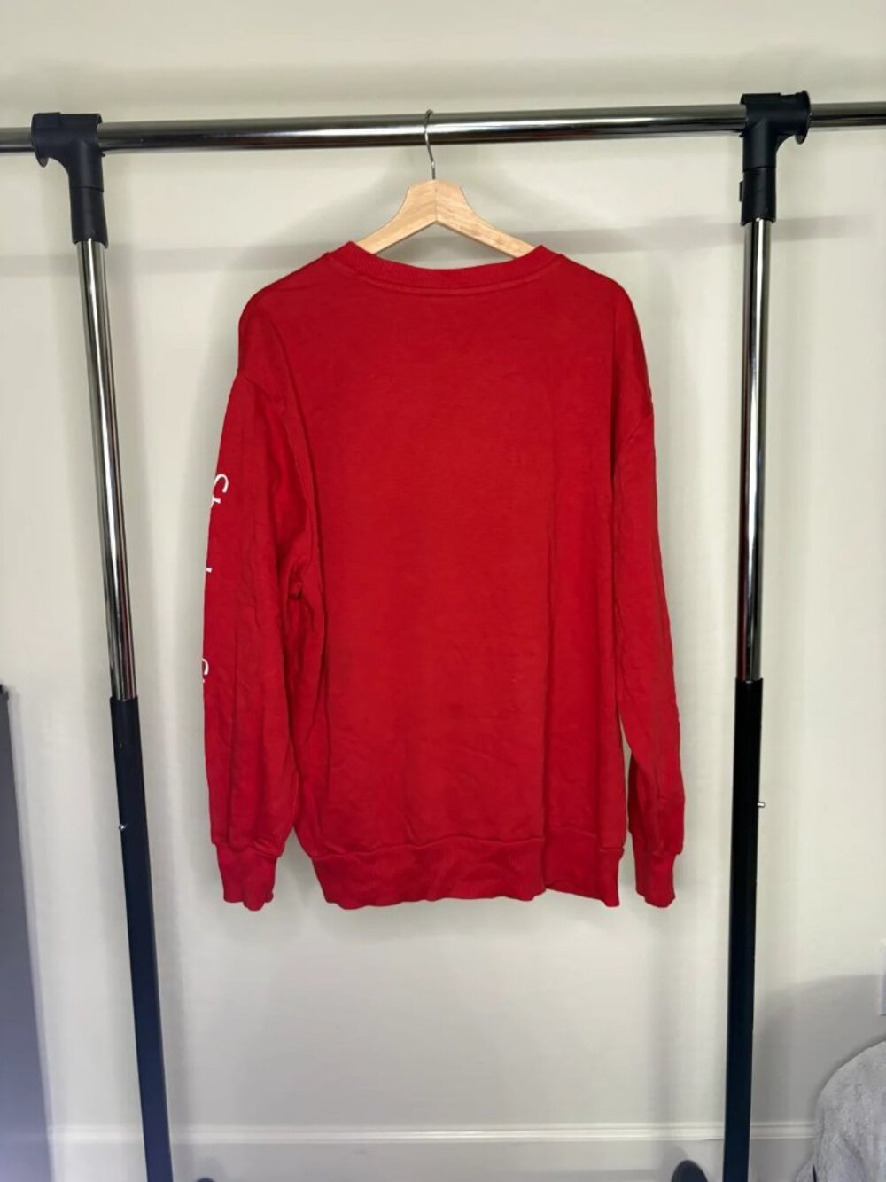 Red Crewneck Sweatshirt White Script Sleeve Print Unisex Size M/L Streetwear
